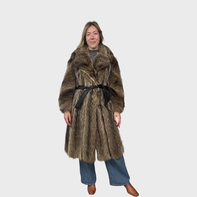 Natural Vintage Petite Raccoon Coat  with Leather Belt