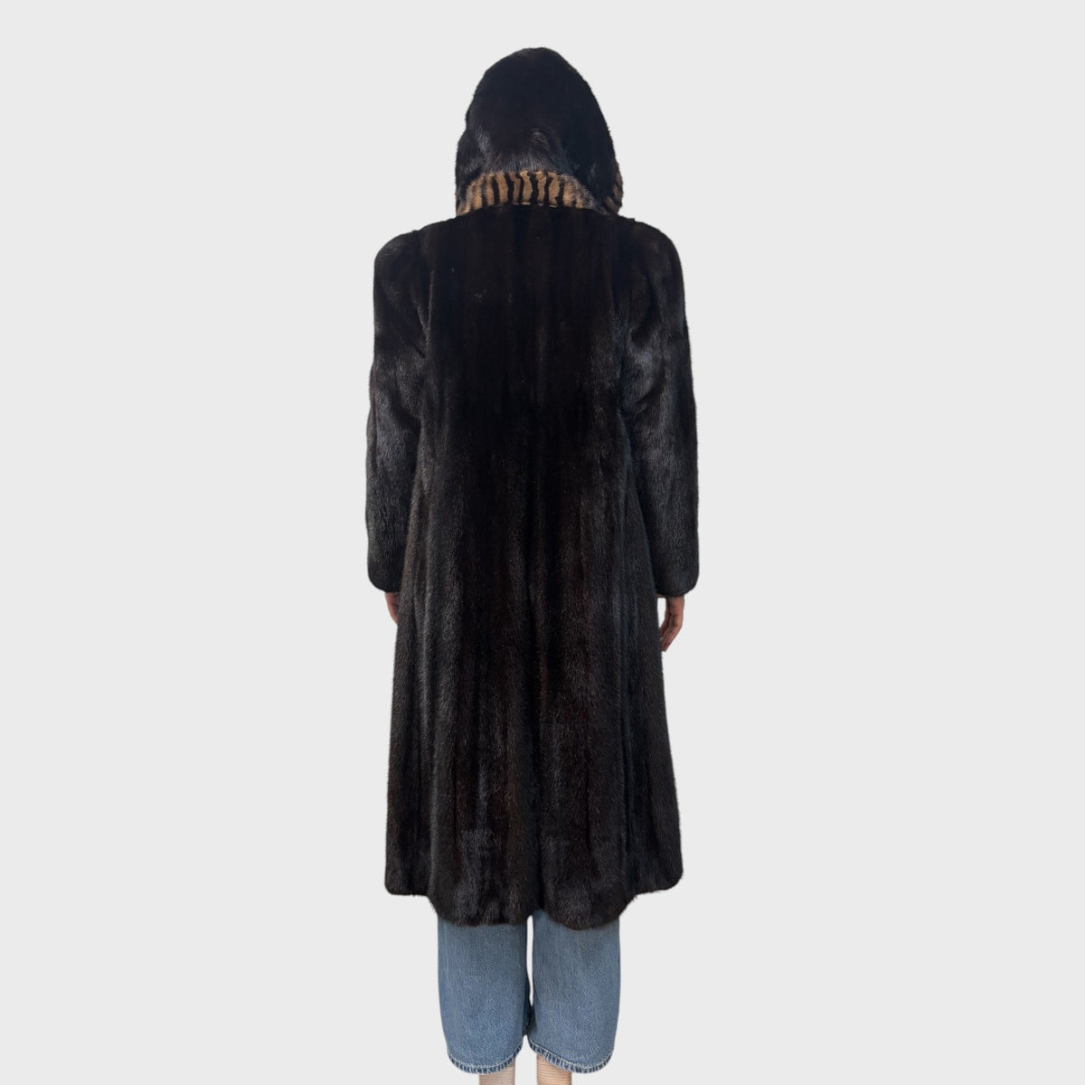 Dark Ranch Mink Coat - Two Tone Trim on Collar and Fronts & Detachable Hood