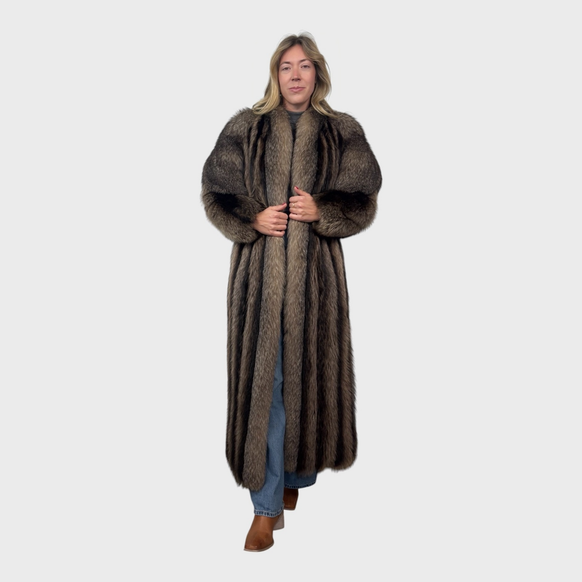 Vintage Natural Raccoon Coat with Silver Fox Trim