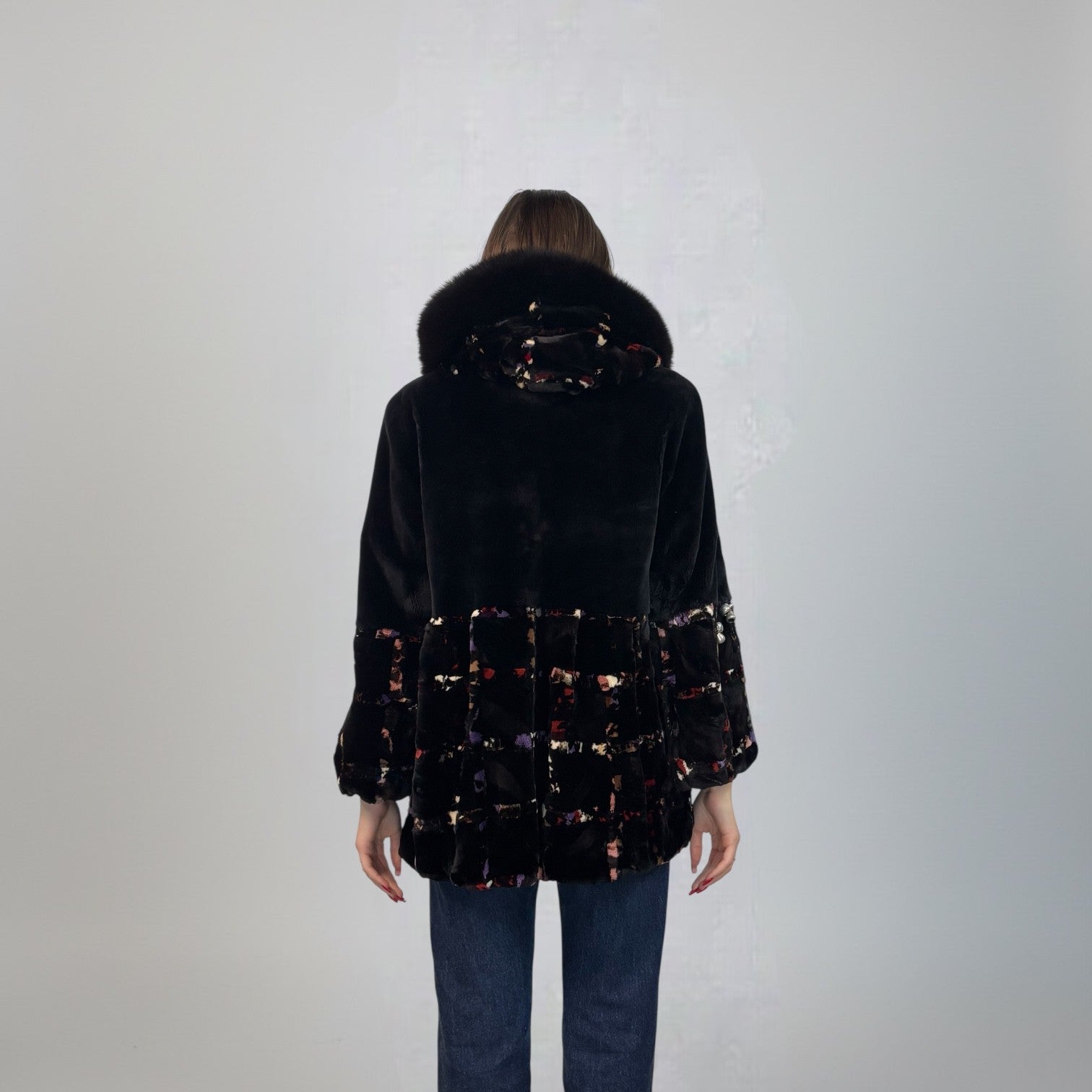 Sheared Beaver and Multicolored Sheared Mink Design Hooded Jacket -Fox trim on Hood