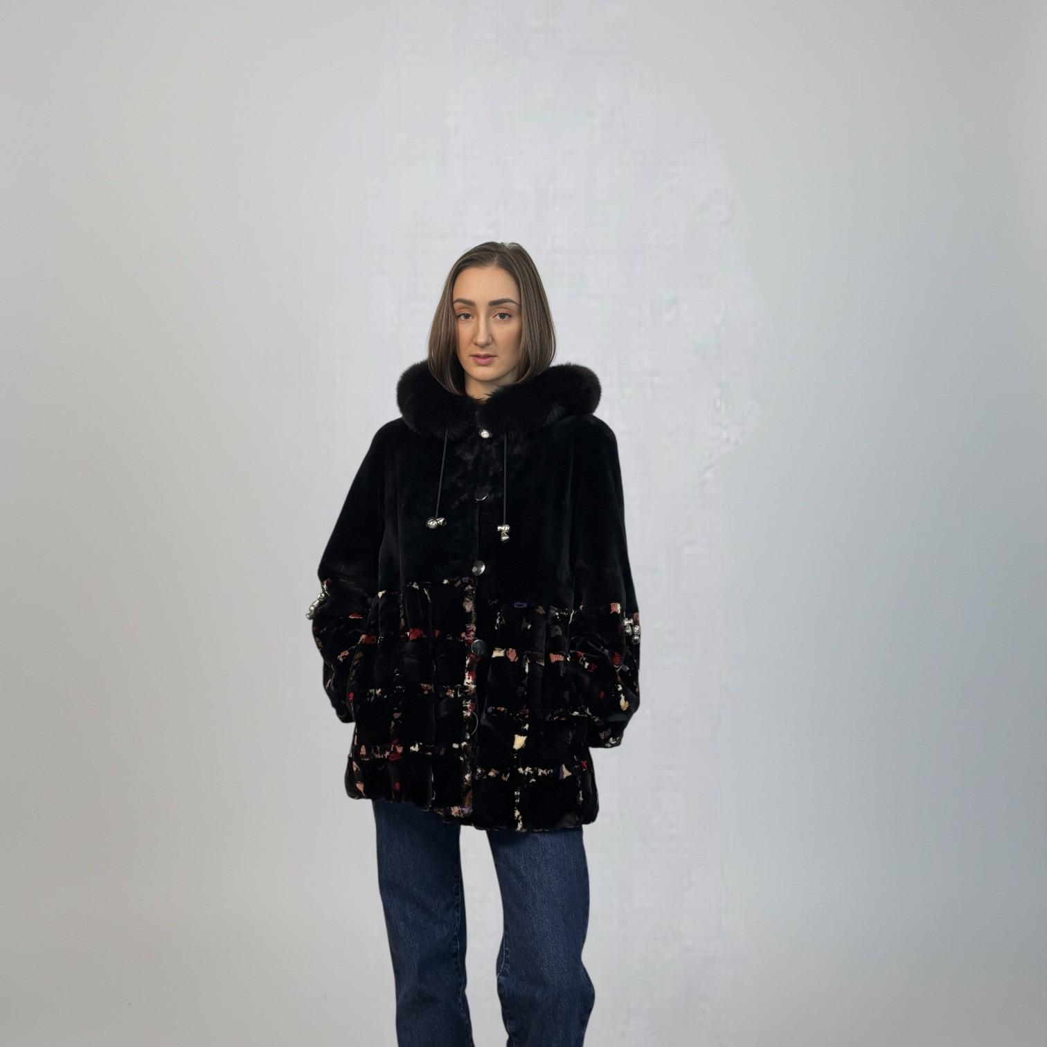 Sheared Beaver and Multicolored Sheared Mink Design Hooded Jacket -Fox trim on Hood