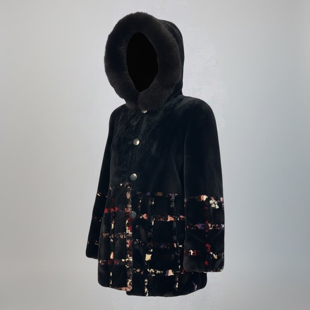 Sheared Beaver and Multicolored Sheared Mink Design Hooded Jacket -Fox trim on Hood