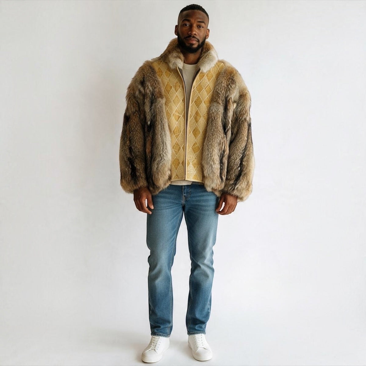 Men's Natural Coyote Fur Bomber Jacket – Gator Fronts | Size 3XL