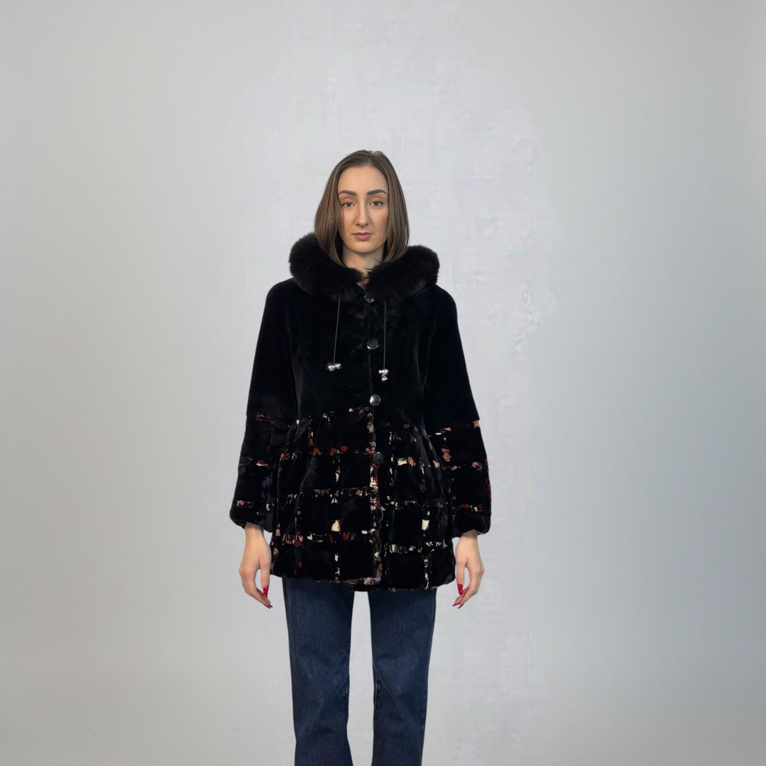 Sheared Beaver and Multicolored Sheared Mink Design Hooded Jacket -Fox trim on Hood