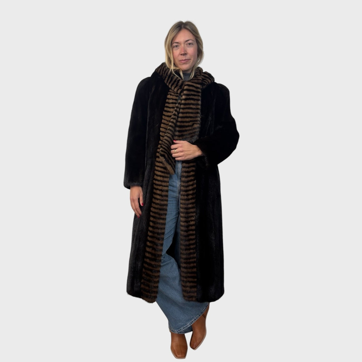 Dark Ranch Mink Coat - Two Tone Trim on Collar and Fronts & Detachable Hood