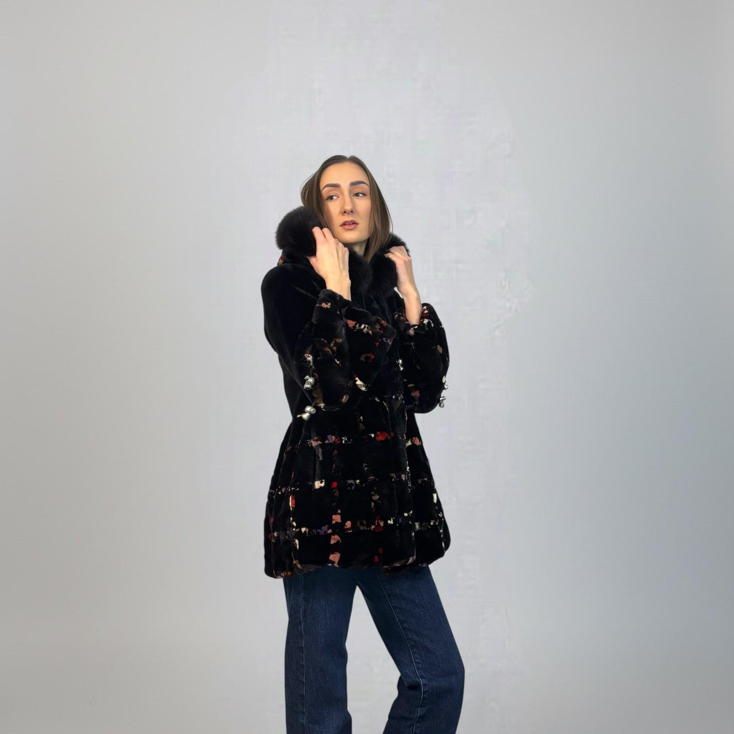 Sheared Beaver and Multicolored Sheared Mink Design Hooded Jacket -Fox trim on Hood