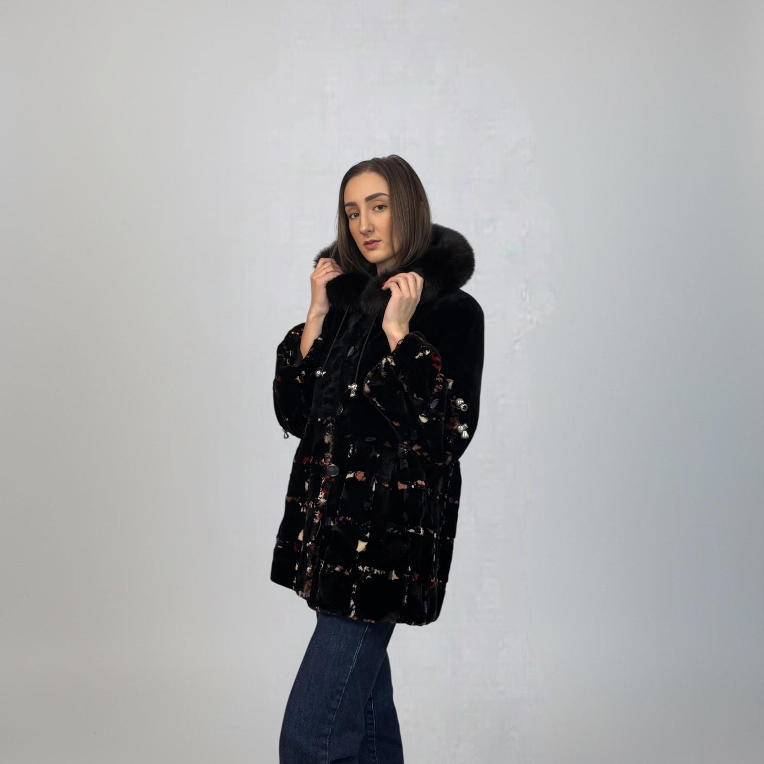 Sheared Beaver and Multicolored Sheared Mink Design Hooded Jacket -Fox trim on Hood