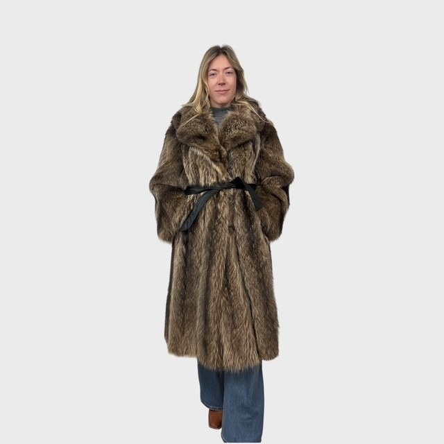 Natural Vintage Petite Raccoon Coat  with Leather Belt