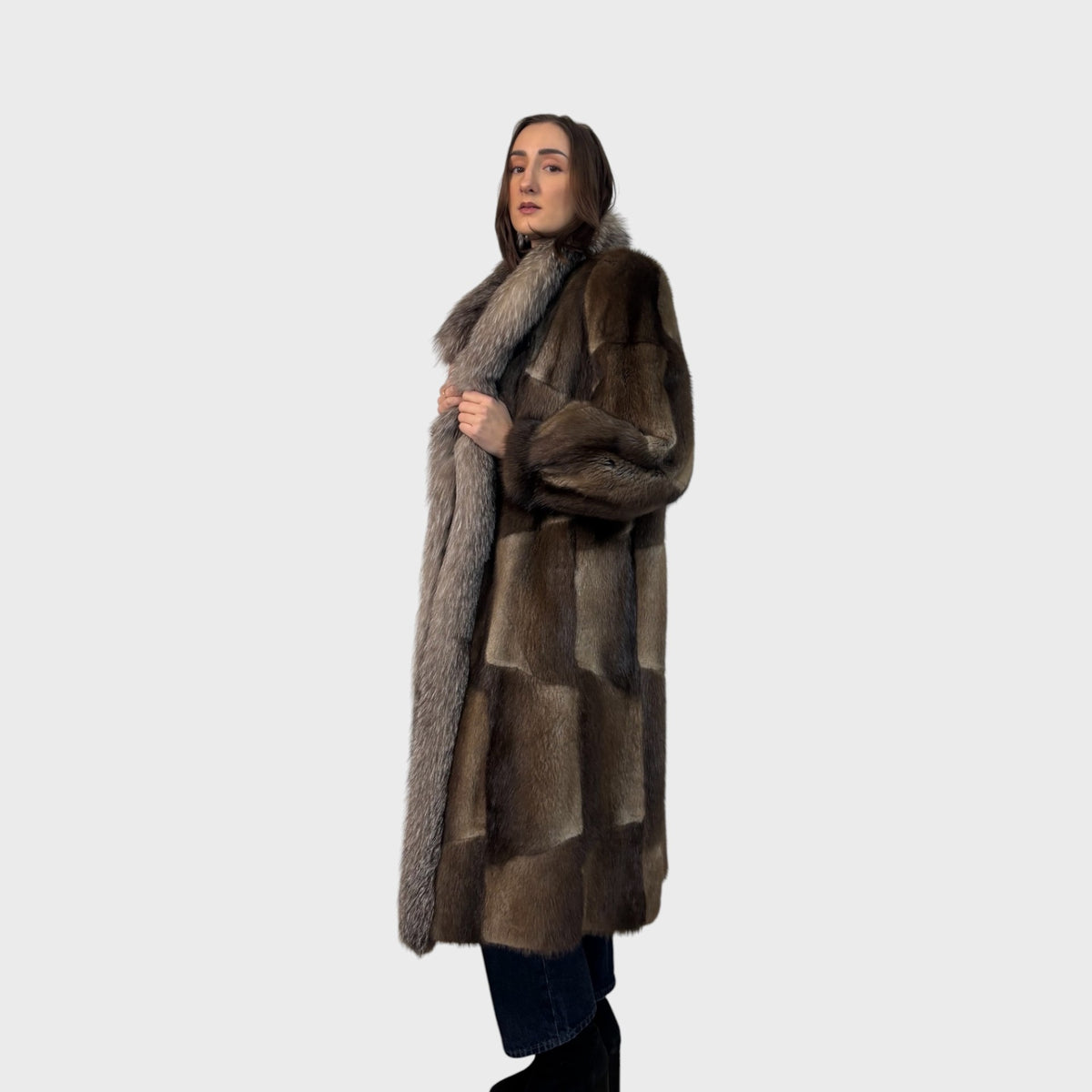 Vintage Natural Muskrat Coat with Fox Tuxedo Trim