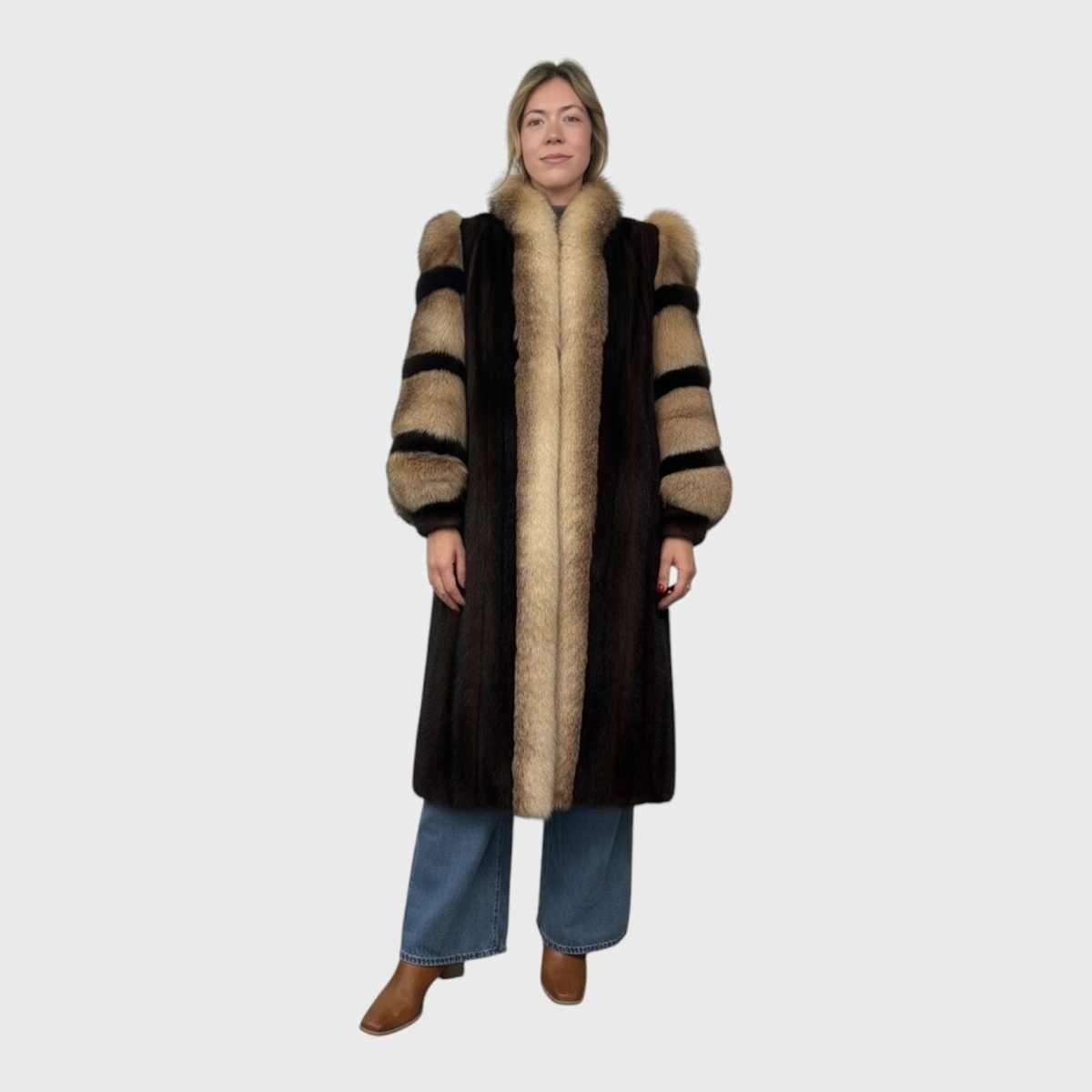 Mahogany Vintage Mink Coat with Crystal Fox Tuxedo and Sleeves