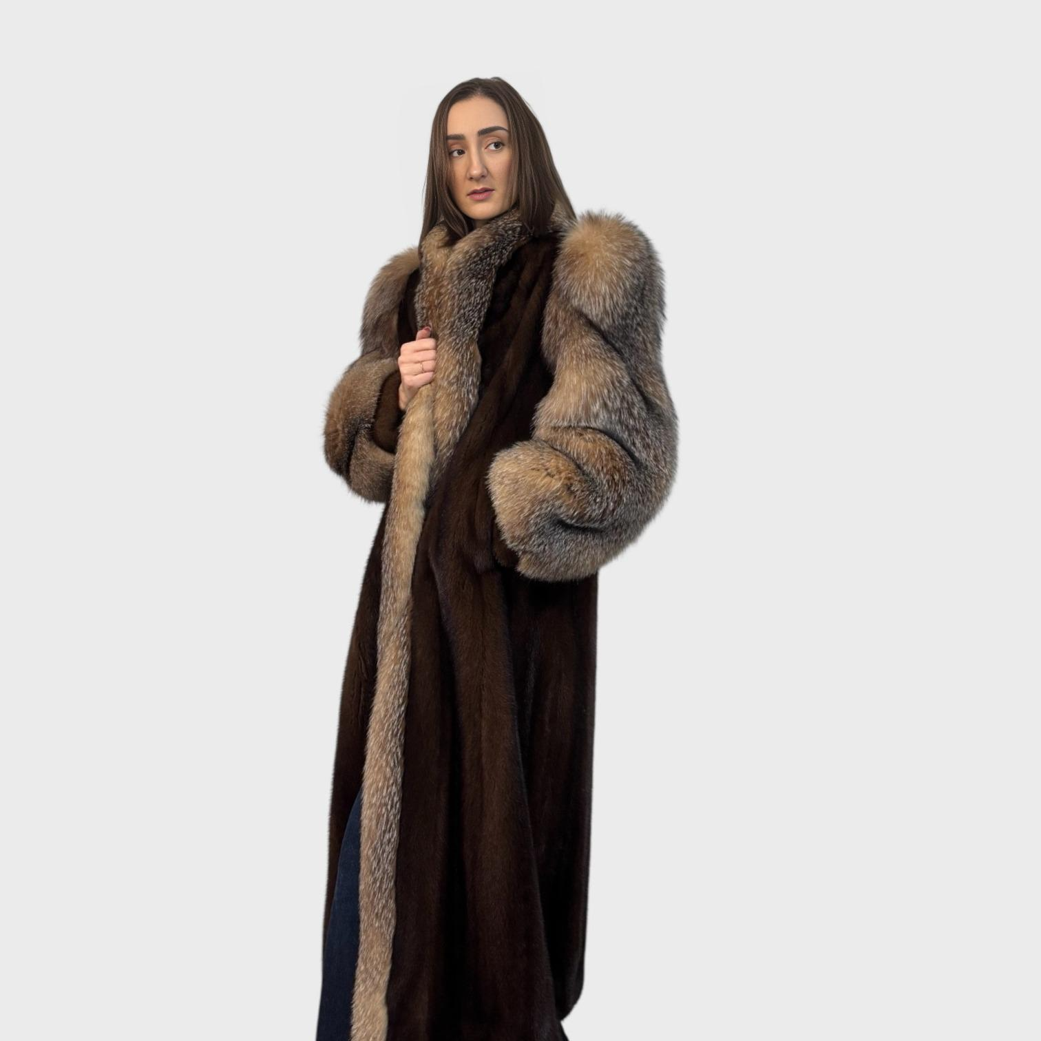Mahogany Mink Coat - Crystal Fox Tuxedo & Sleeves
