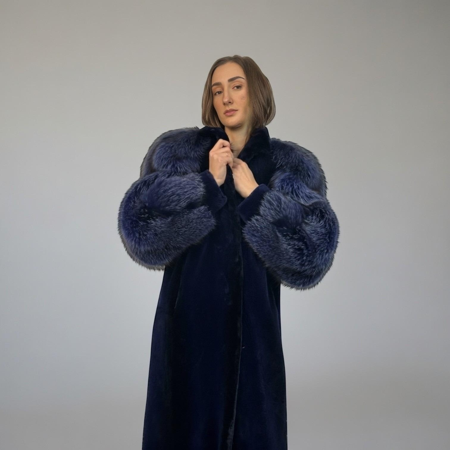Royal Blue Dyed Sheared Beaver Coat - Silver Fox Sleeves Dyed to Match