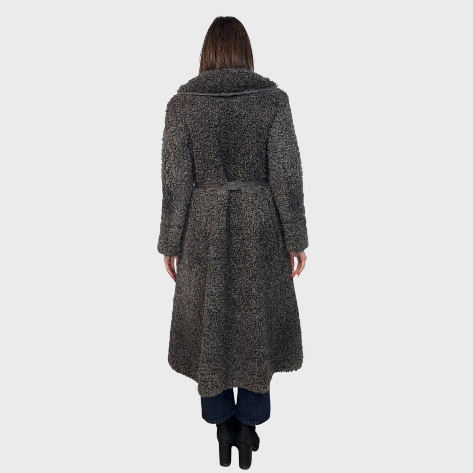 Grey Curly Lamb /Shearling Coat Leather Belt
