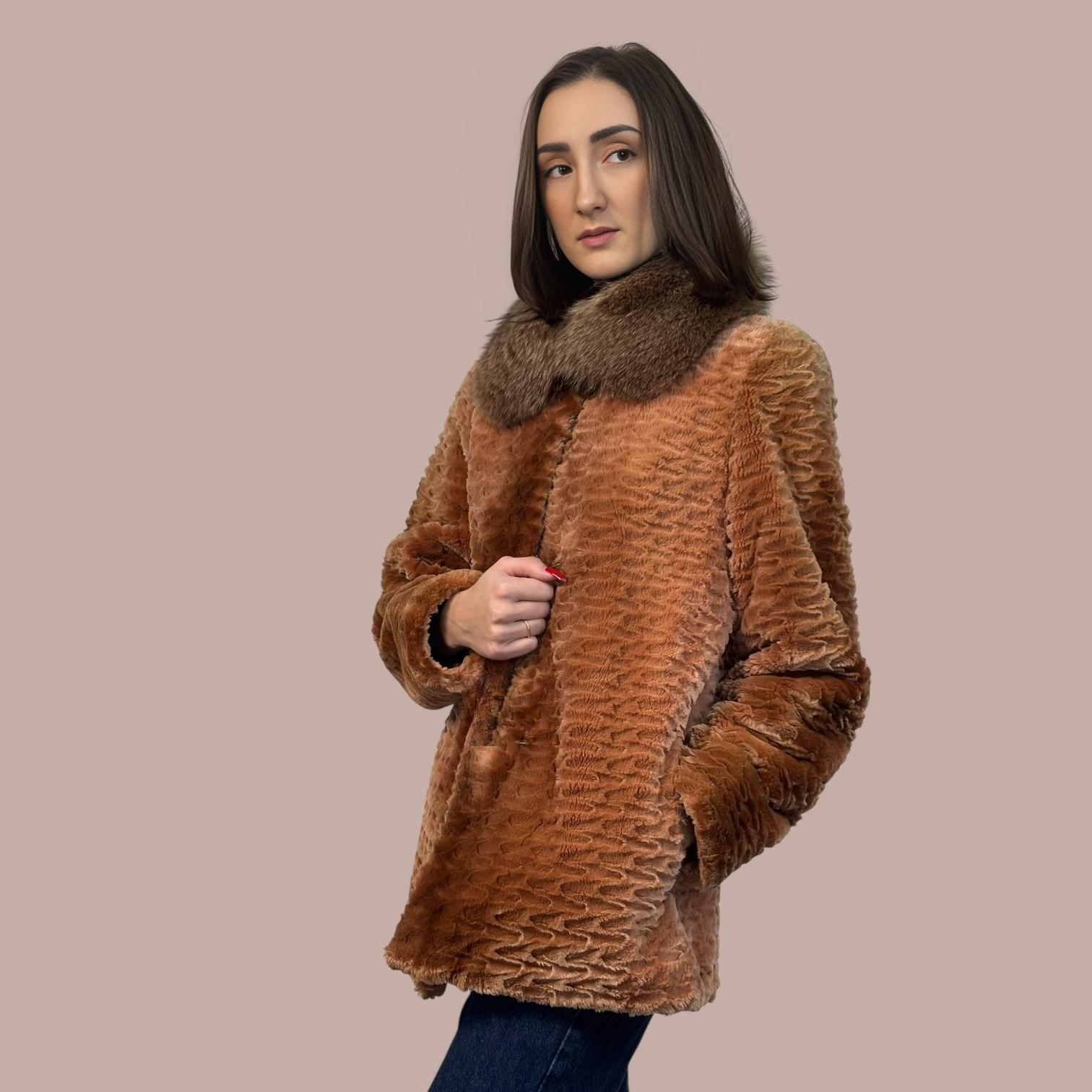 Cognac Dyed Sheared And Grooved Beaver Jacket - Fox Collar