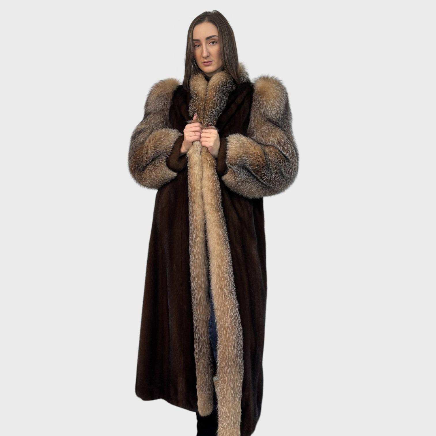 Mahogany Mink Coat - Crystal Fox Tuxedo & Sleeves