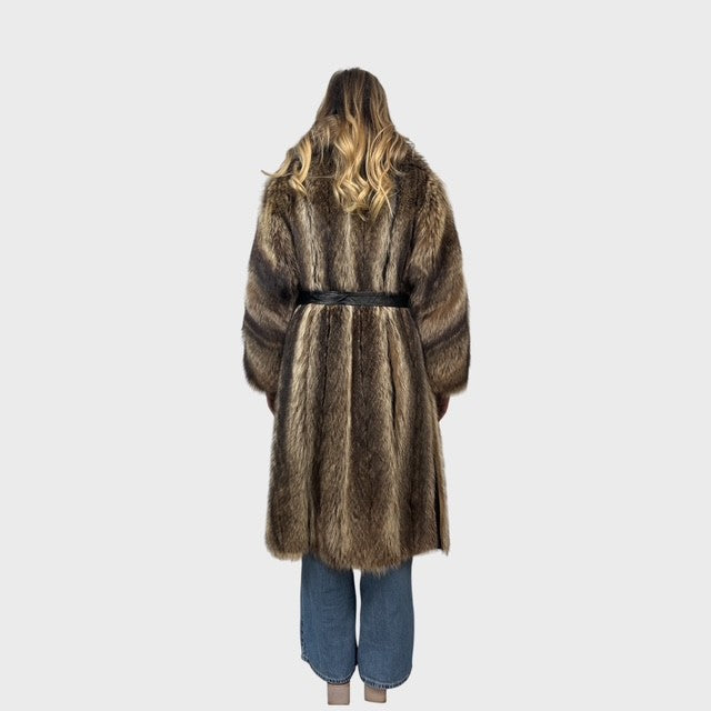 Natural Vintage Petite Raccoon Coat  with Leather Belt