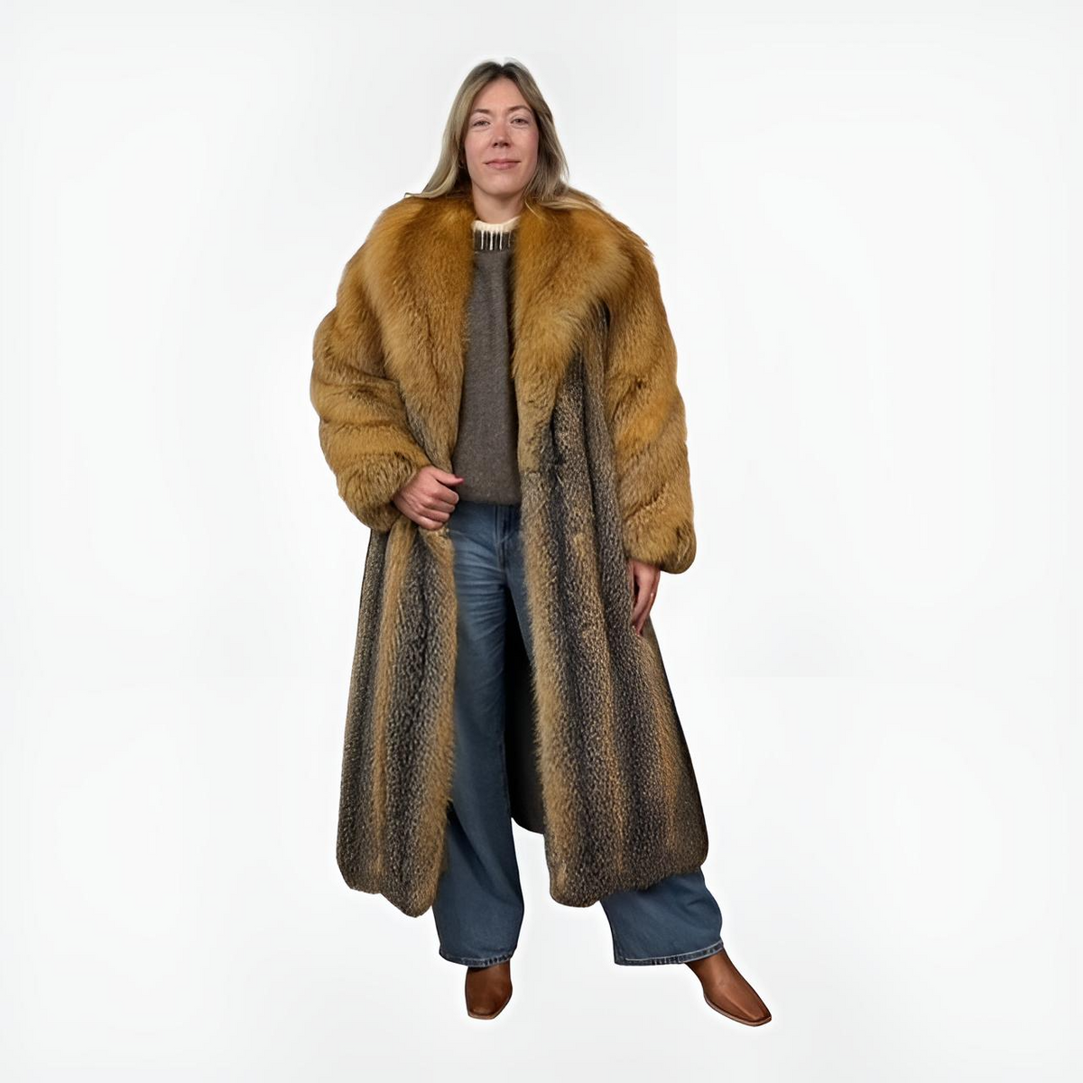 American Grey Vintage Fox Coat - Canadian Red Fox Collar & Sleeves