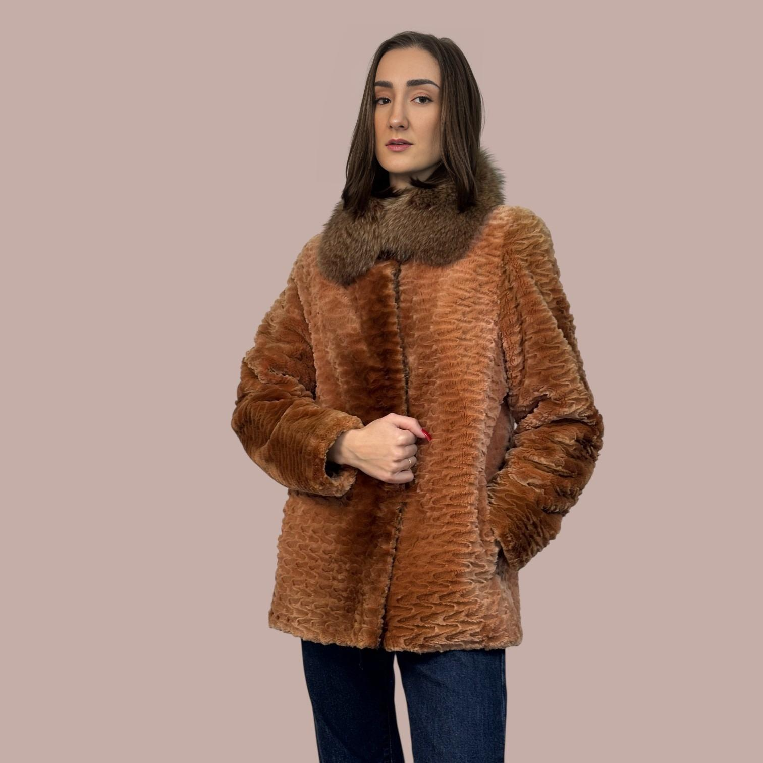 Cognac Dyed Sheared And Grooved Beaver Jacket - Fox Collar