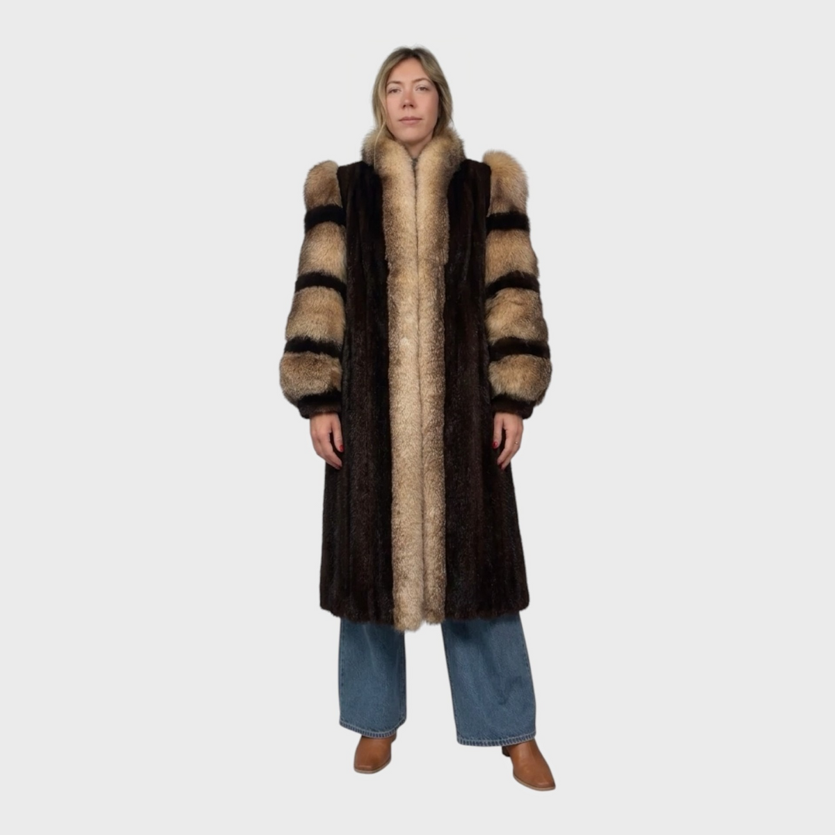 Mahogany Vintage Mink Coat with Crystal Fox Tuxedo and Sleeves