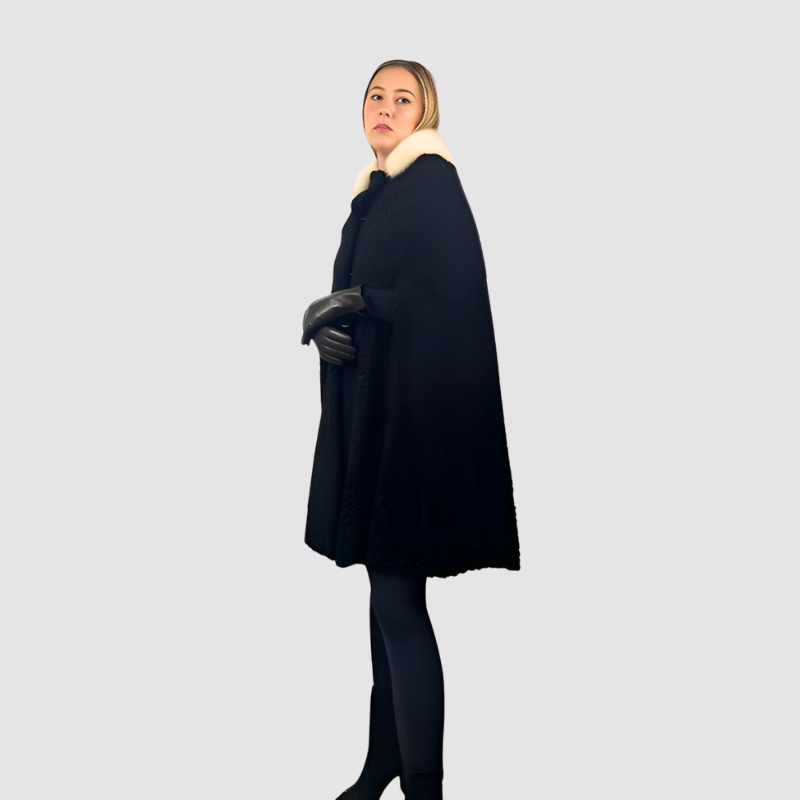 BLACK PERSIAN LAMB CAPE-WHITE MINK COLLAR