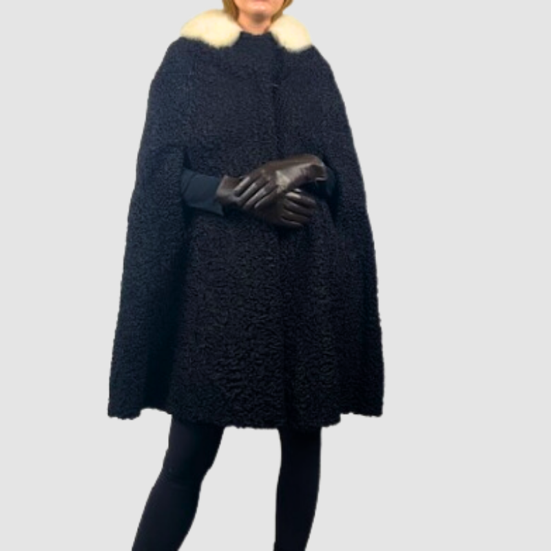 BLACK PERSIAN LAMB CAPE-WHITE MINK COLLAR
