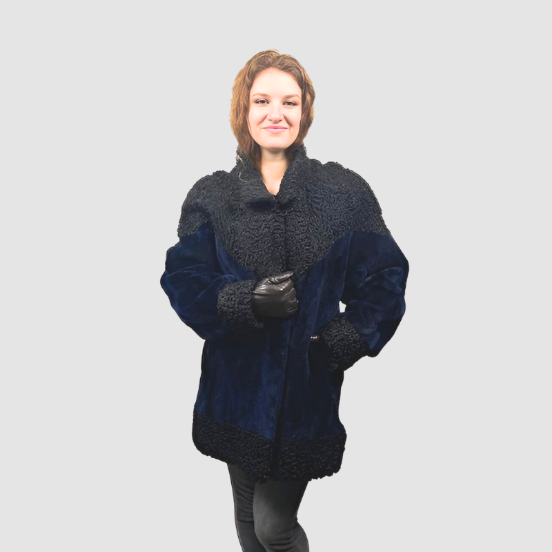 BLACK PERSIAN LAMB & NAVY BLUE DYED SHEARED BEAVER JACKET