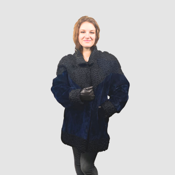 Black Persian Lamb & Navy Blue Dyed Sheared Beaver Jacket