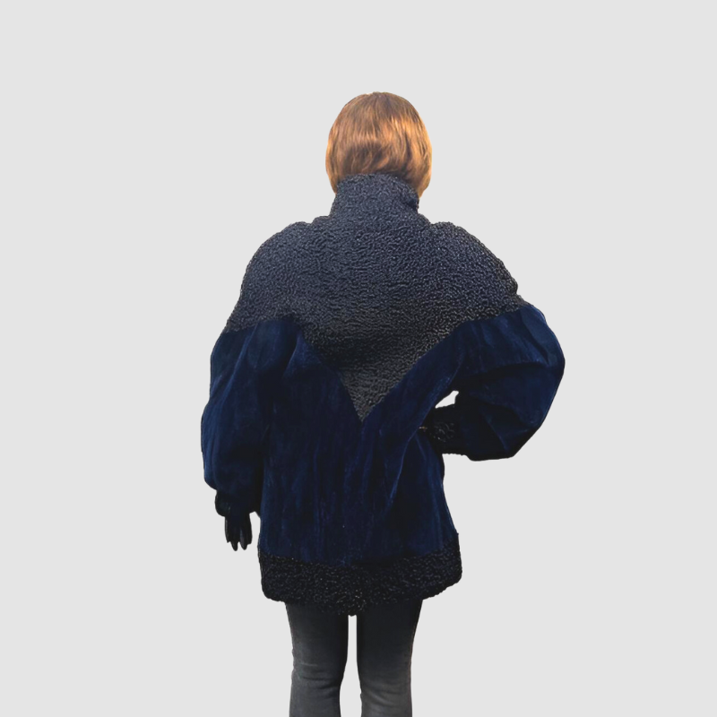 Black Persian Lamb & Navy Blue Dyed Sheared Beaver Jacket