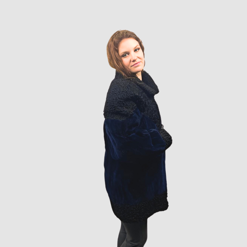 BLACK PERSIAN LAMB & NAVY BLUE DYED SHEARED BEAVER JACKET