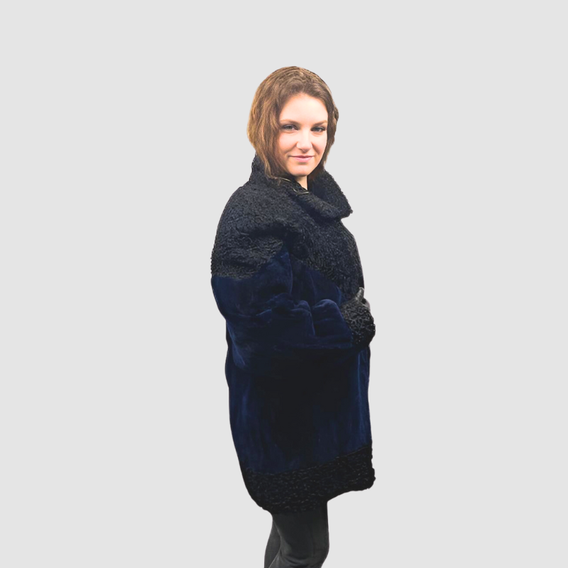 Black Persian Lamb & Navy Blue Dyed Sheared Beaver Jacket