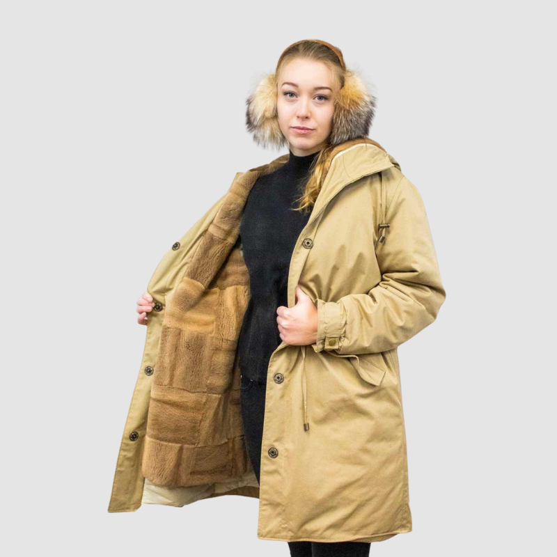 Camel Cotton Twill Parka Lined with Upcycled Sheared Mink