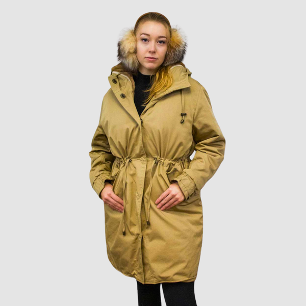 Camel Cotton Twill Parka Lined with Upcycled Sheared Mink