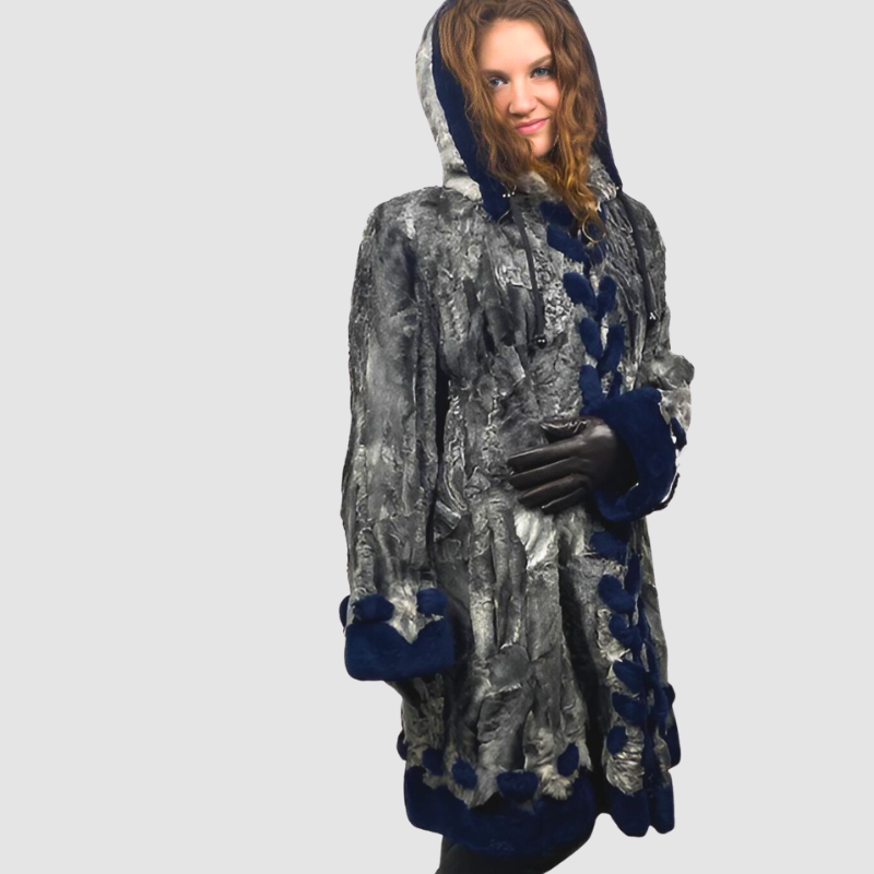 GREY PERSIAN LAMB PARKA - BLUE DYED SHEARED BEAVER TRIM