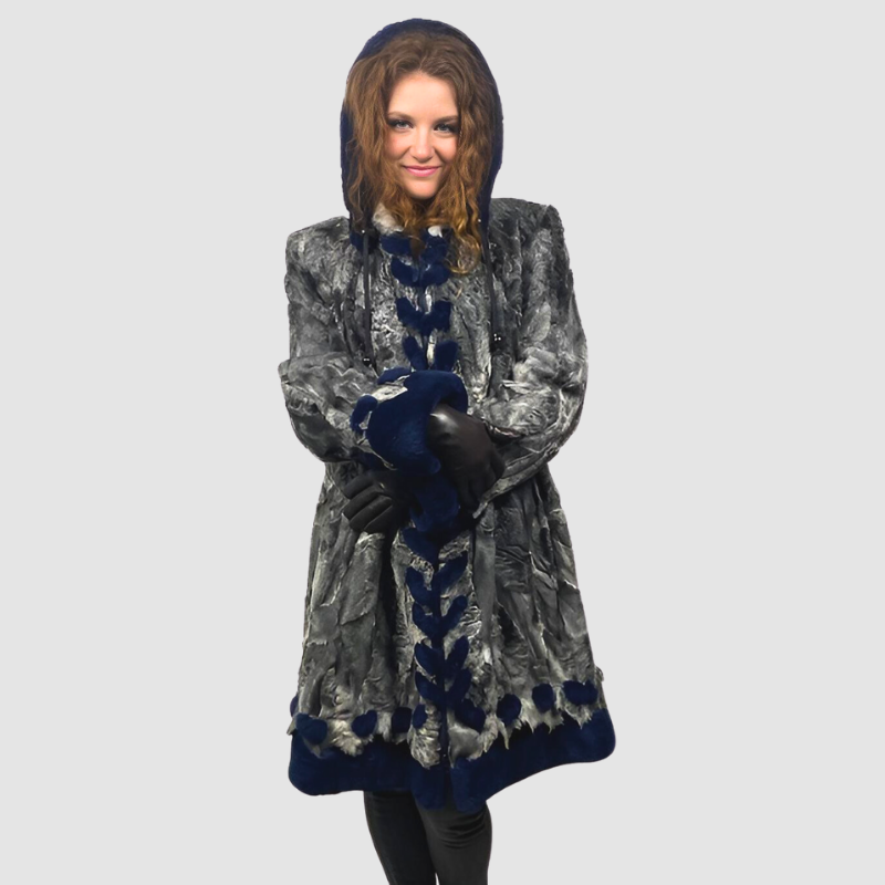 GREY PERSIAN LAMB PARKA - BLUE DYED SHEARED BEAVER TRIM