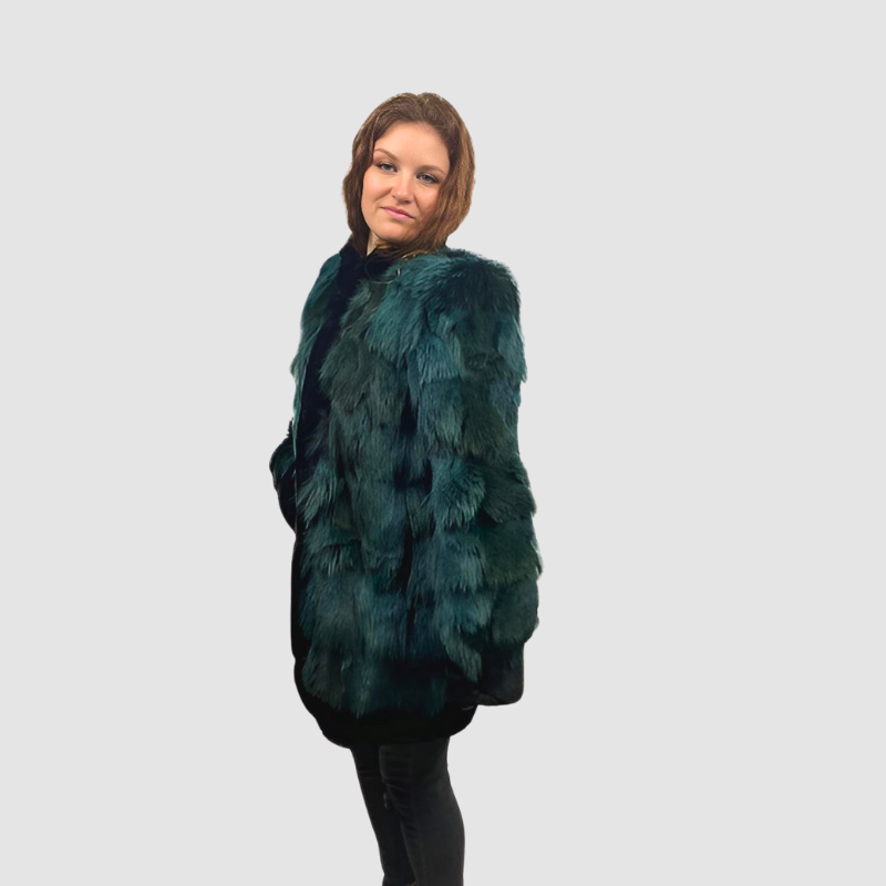 TEAL DYED COYOTE SECTION JACKET & BLACK SHEARED BEAVER TRIM