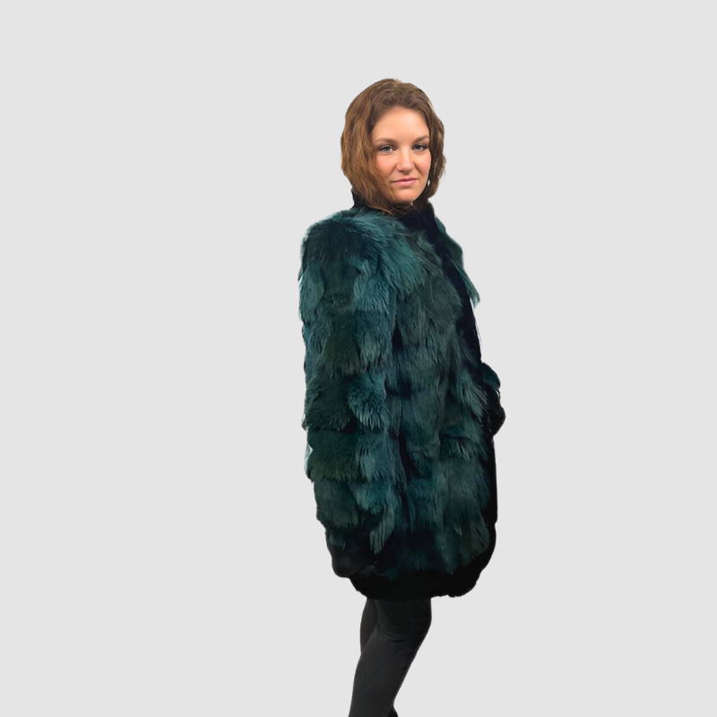 TEAL DYED COYOTE SECTION JACKET & BLACK SHEARED BEAVER TRIM