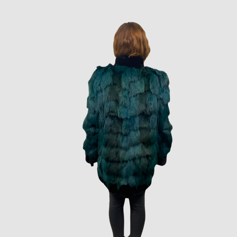 TEAL DYED COYOTE SECTION JACKET & BLACK SHEARED BEAVER TRIM