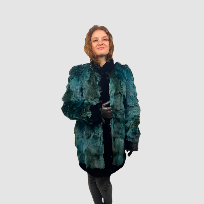 TEAL DYED COYOTE SECTION JACKET & BLACK SHEARED BEAVER TRIM