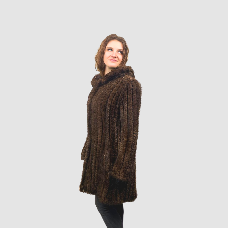 UPCYCLED DARK DEMI BUFF KNITTED MINK HOODED JACKET