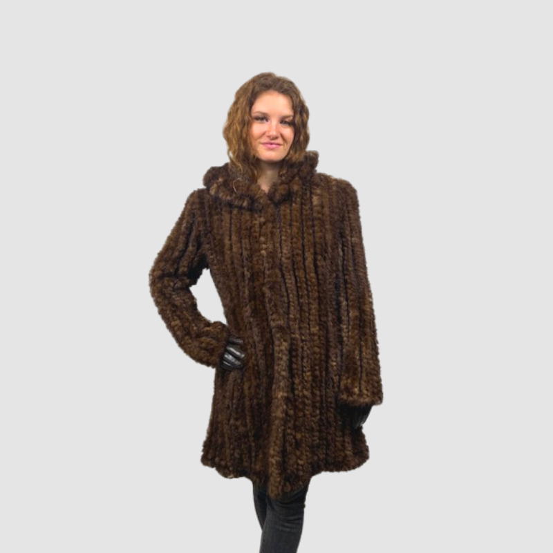 UPCYCLED DARK DEMI BUFF KNITTED MINK HOODED JACKET