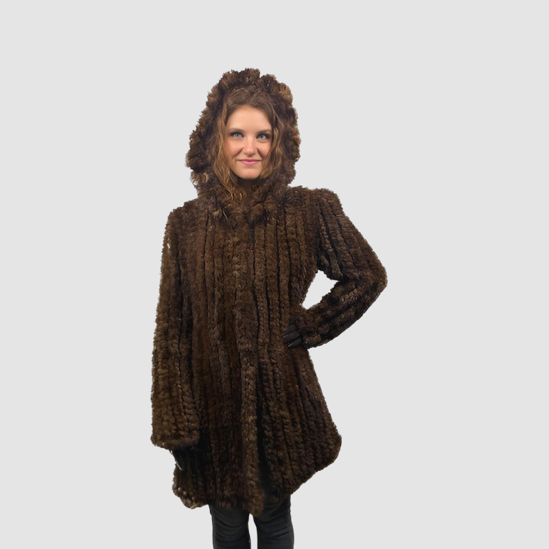 UPCYCLED DARK DEMI BUFF KNITTED MINK HOODED JACKET