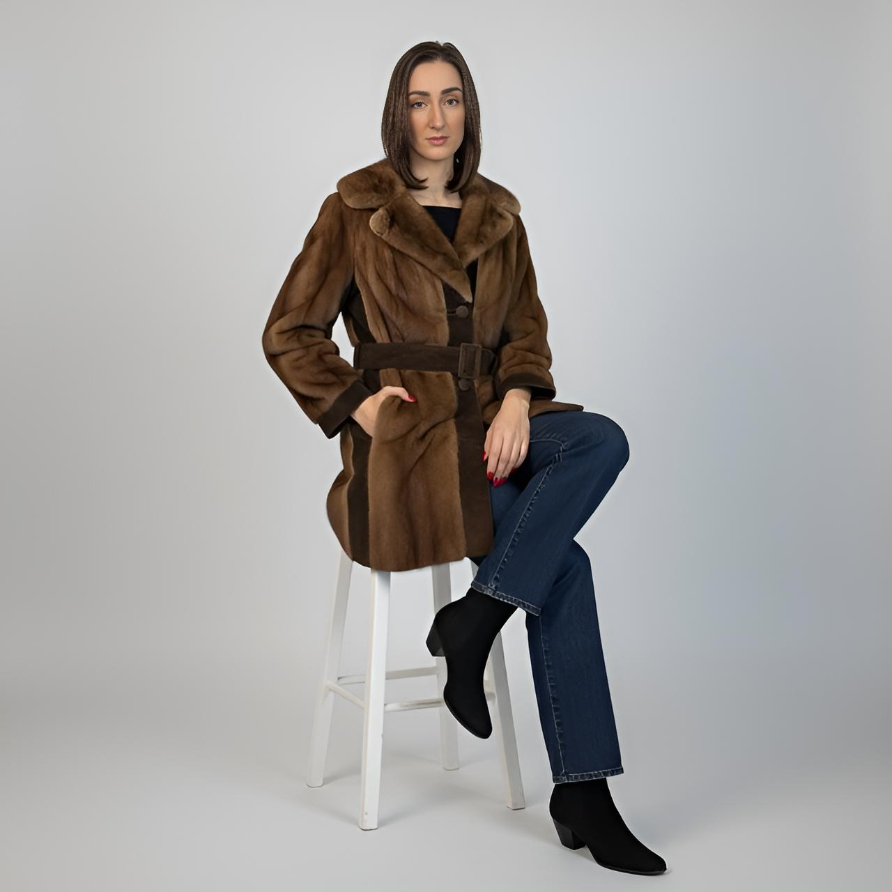 Pastel Mink Jacket - Suede Panels - Belted