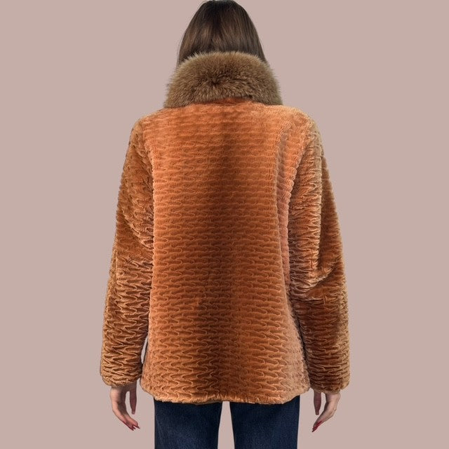 Cognac Dyed Sheared And Grooved Beaver Jacket - Fox Collar