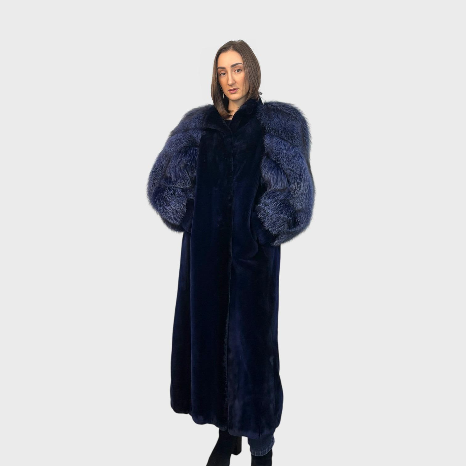 Royal Blue Dyed Sheared Beaver Coat - Silver Fox Sleeves Dyed to Match
