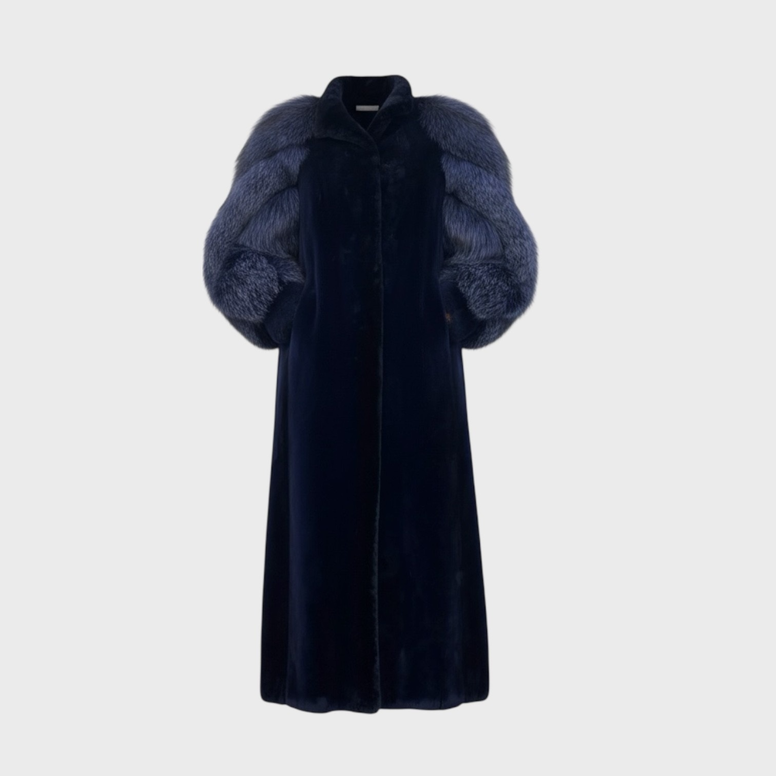 Royal Blue Dyed Sheared Beaver Coat - Silver Fox Sleeves Dyed to Match