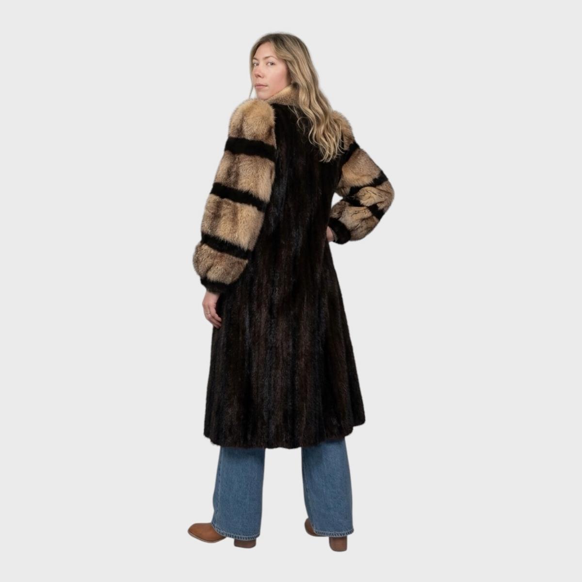 Mahogany Vintage Mink Coat with Crystal Fox Tuxedo and Sleeves