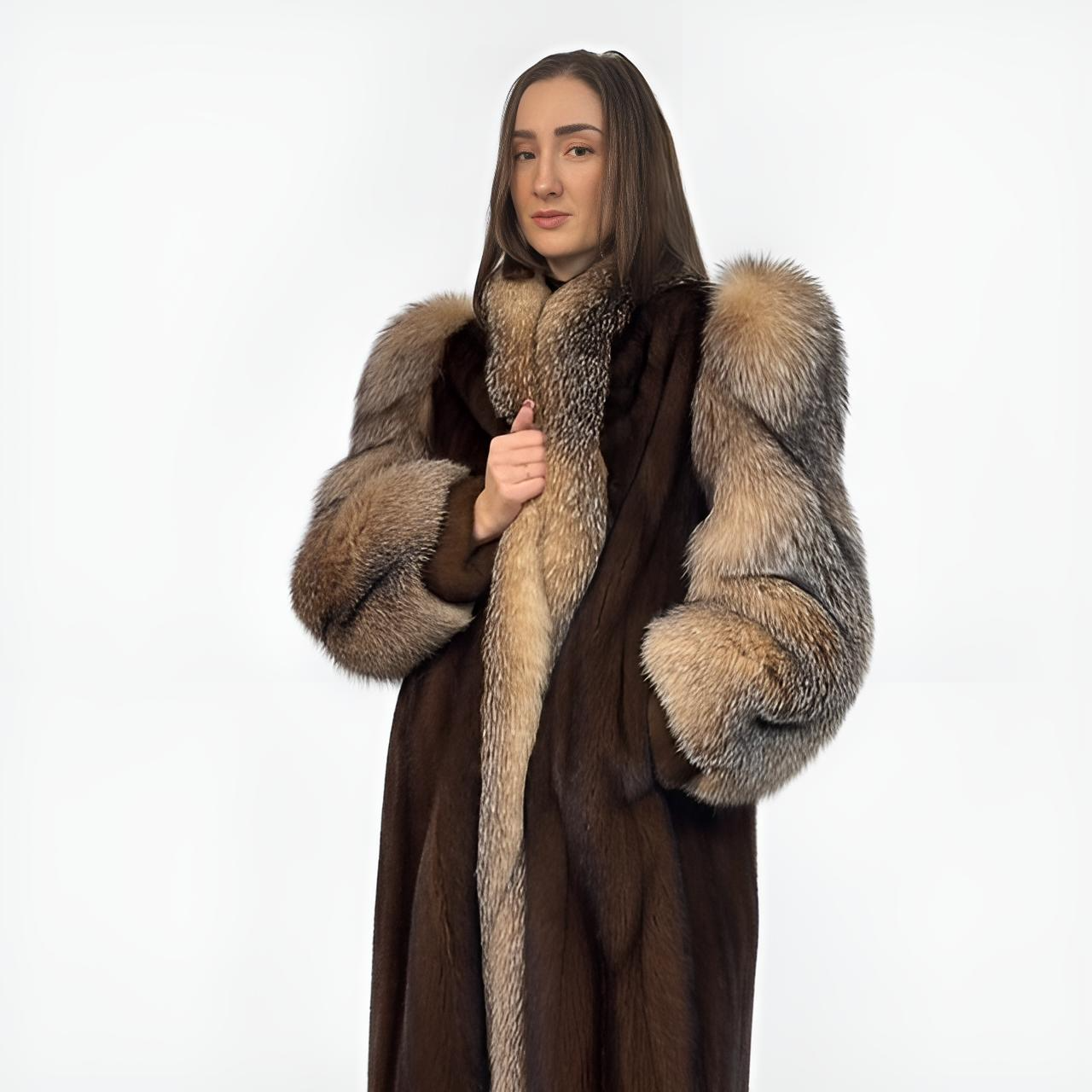 Mahogany Mink Coat - Crystal Fox Tuxedo & Sleeves