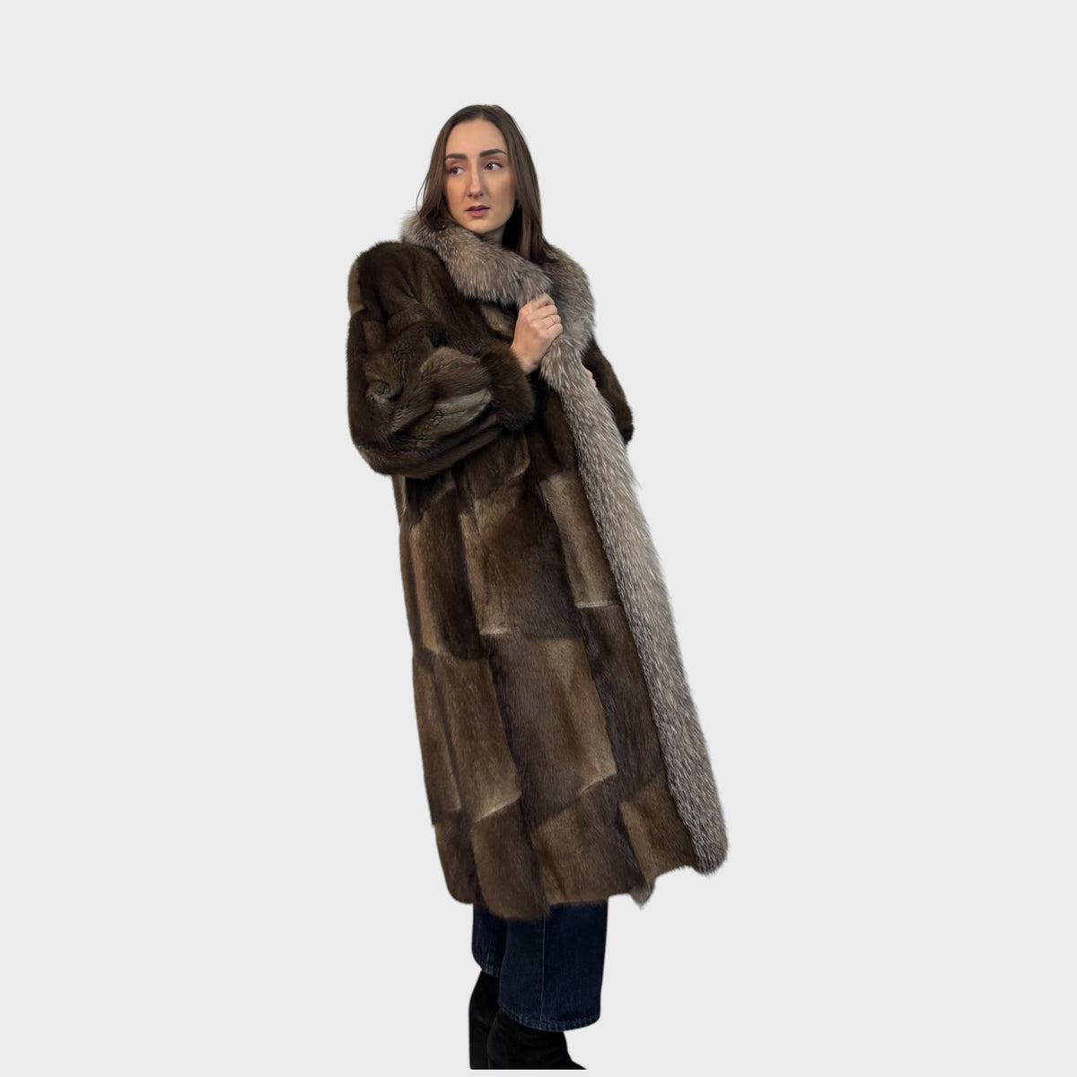 Vintage Natural Muskrat Coat with Fox Tuxedo Trim