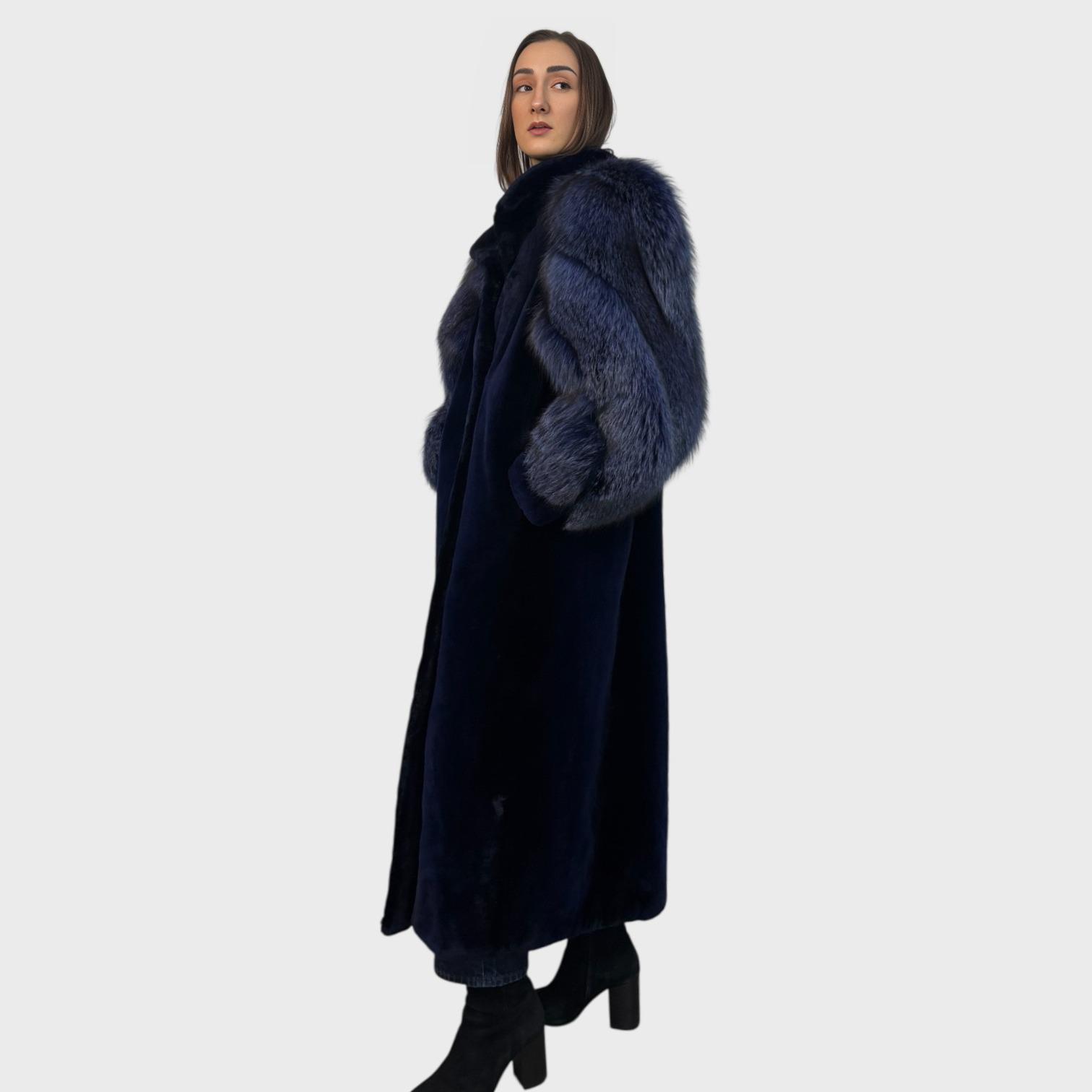Royal Blue Dyed Sheared Beaver Coat - Silver Fox Sleeves Dyed to Match