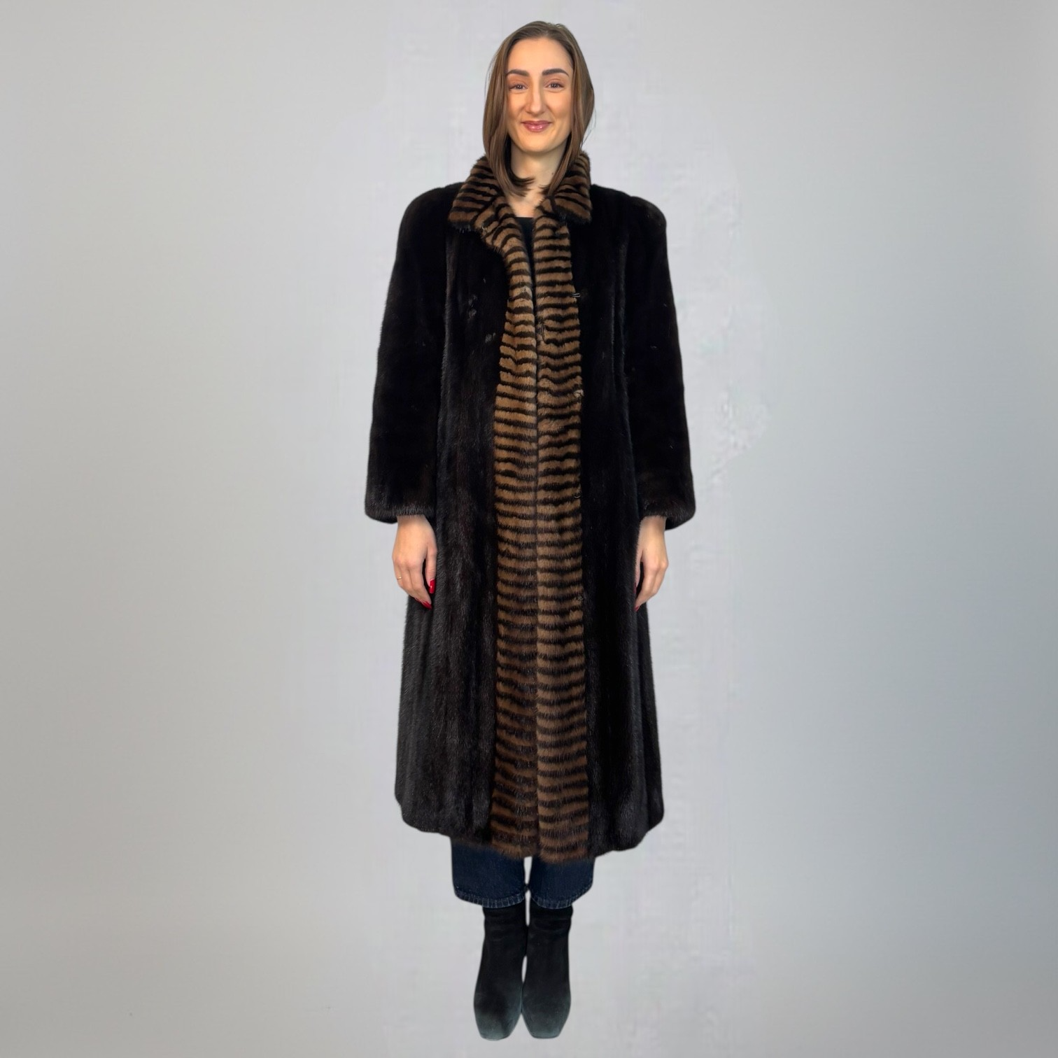 Dark Ranch Mink Coat - Two Tone Trim on Collar and Fronts
